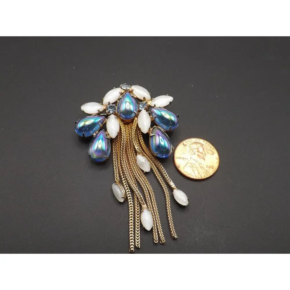 Iridescent Blue Gold Plated Fringe Brooch, White Art Glass Stones, 1960s Vintage
